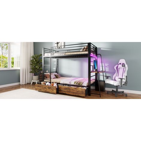 Cama alta con escritorio y luces LED, 90x200 cm, con cajones de almacenaje, MDF y metal, negro (1/5)