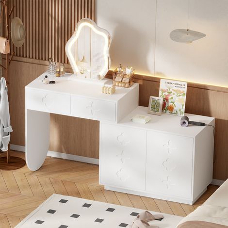Coiffeuse avec miroir LED – Température de lumière réglable 3 modes – Table de maquillage avec 2 tiroirs et 1 meuble (4 compartiments) – Blanc – 160 × 40 × 132 cm – Pour chambre ou dressing