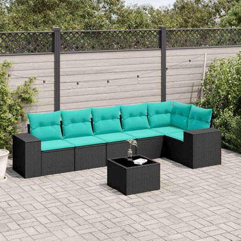 7-teiliges Gartensofa-Set mit Kissen, schwarzes Polyrattan (1/5)