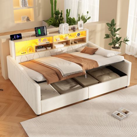 Lit Coffre 140x200 cm en Lin avec Rangement Hydraulique, LED, USB-A/USB-C et Étagère de Tête de Lit - Beige (Sans Matelas) (1/5)