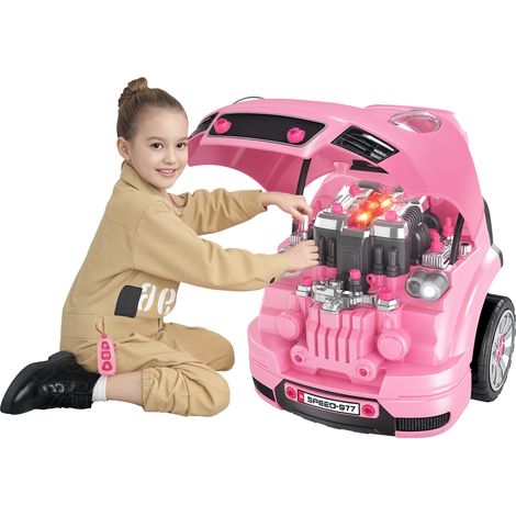 Camión mecánico de juguete 2 en 1 para armar, ideal para niños. Set de mecánico para juegos de imitación. Incluye numerosos accesorios y un total de 61 piezas. Color rosa.