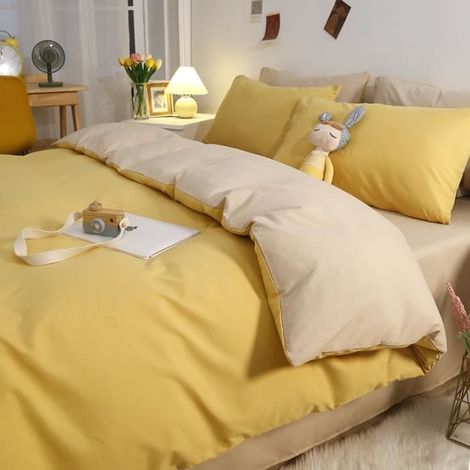 Parure de drap en Coton lavé - Parure de lit 4 Pcs avec 2 Taies d'oreiller, 1 Drap, 1 Housse de Couette - Jaune - 200x230cm (1/4)
