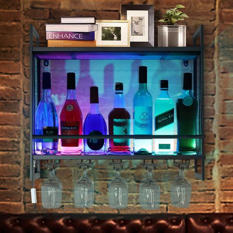 RGB IC LED Wine Rack Wall Mounted , Wine Bottle Stemware Rack, 23.6In Rustic Metal Hanging Wine Holder with 5 Stem Glass Holders for Wine Glasses, 120 Variation Modes Controlled by APP (1/5)