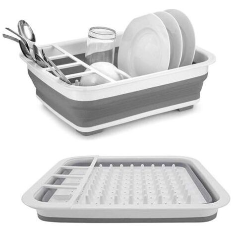 Pair Lot de 2 égouttoirs extensibles pour vaisselle, pliables, coloris gris et blanc, gain de place cuisine