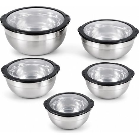 Lot de 5 Bols à Mélanger, Saladier en Acier Inoxydable avec Couvercles, Cul de Poule Inox Empilable Antidérapant, pour Préparation, Service, Cuisine, 16/18/20/22/24 cm (1/5)