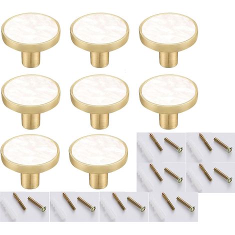 Lot de 8 boutons de placard en laiton et marbre ronds blancs - Poignées décoratives pour tiroirs, armoires, meubles de cuisine (1/4)