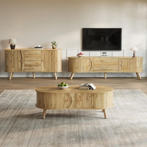 Ensemble de salon 3 pièces : table basse, buffet, meuble TV forme arrondie portes coulissantes aspect bois pieds en bois