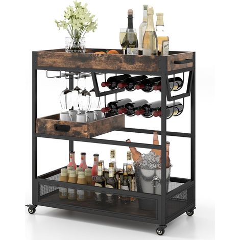 COSTWAY Carrito de Servicio de Bar, Carrito de Barra Industrial de 3 Niveles con Estante para Vinos, Estante para Copas y Bandeja Extraíble, Carrito de Almacenamiento con Ruedas Bloqueables para Casa