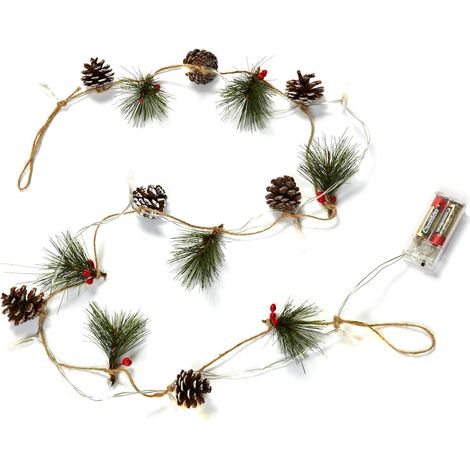 Guirlande lumineuse de Noël - 10 LED - Fonctionne sur piles - Intérieur - Pommes de pin - Branches de pin - Blanc chaud (1/5)