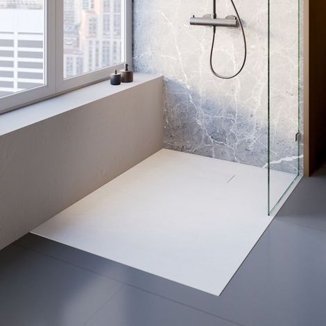 Receveur de douche 80 x 120 cm de plain-pied, en résine de synthèse, rectangulaire, décor effet pierre blanche, Schulte (1/5)