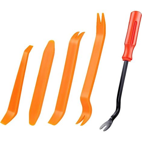 Questo kit di attrezzi per la rimozione delle finiture interne dell'auto include 5 strumenti angolari per la rimozione dei pannelli di rivestimento interni dell'auto e presenta delle leve. (1/4)