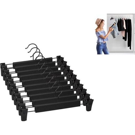 Lot de 10 cintres à pantalons avec pinces – Cintres gain de place antidérapants pour pantalons, jupes et vêtements – Support avec pinces – Noir (1/2)