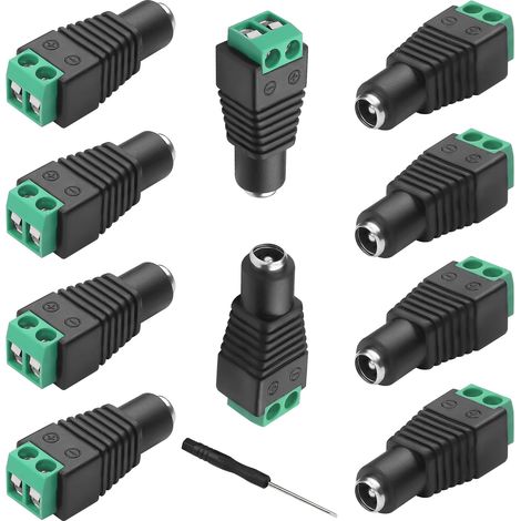 Lot de 10 adaptateurs 12 V CC - 5,5 mm x 2,1 mm - Connecteur d'alimentation CC 5,5 x 2,1 mm femelle vers 2 broches femelle - Bornes sans soudure pour caméra de sécurité CCTV - Prise CC (1/5)