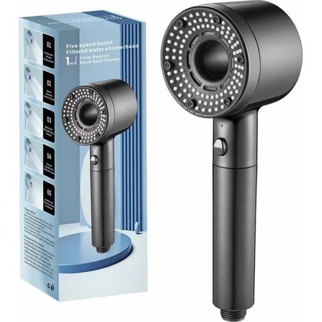 noir Pommeau de douche à main haute pression à 5 jets avec arrêt automatique et filtre-Installation facile pour accessoires de douche de salle de bain (1/5)