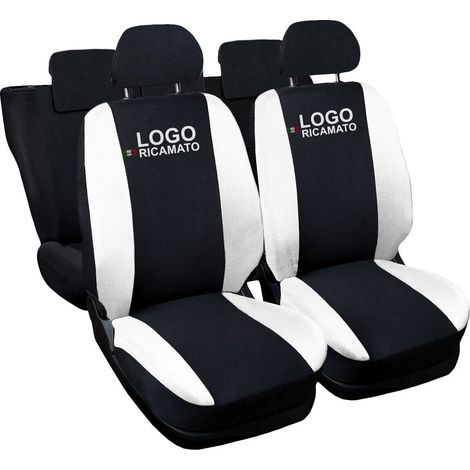 Lupex shop - Coprisedili Auto Compatibili per 600, Made In Italy, set di copri sedili anteriori e posteriori con copri poggiatesta incluso, tessuto poliestere, Nero - Bianco