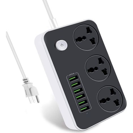 Multiprise avec port USB, rallonge de bureau à 3 prises espacées, module de sécurité intégré, accessoires de sécurité pour la maison et le bureau, noir (1/5)