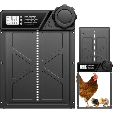 Grande Porte Poulailler Automatique Batterie avec Écran LCD Étanche, Porte Automatique Poulailler en Aluminium avec Minuterie, Fonction Anti-pincement, Résistant Aux Intempéries, Noir (1/5)