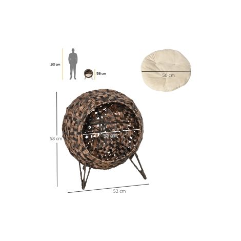 Panier niche pour chat couchage confortable en rotin PE marron Ø52x58cm avec coussin pour salon (1/5)
