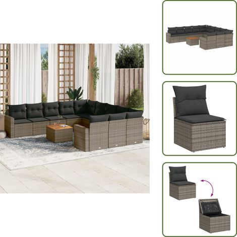 The Living Store 12-tlg. Garten-Sofagarnitur mit Kissen Grau Poly Rattan - Gartenmöbel Set - Lounge Möbel - Rattan Gartenset - Outdoor Möbel - Esstisch Set (1/5)