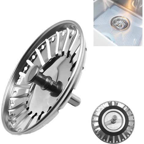 Crépine et bouchon d'évier - Grille d'évier en acier inoxydable pour cuisine et salle de bain - Crépine argentée de 84 mm pour évier et salle de bain