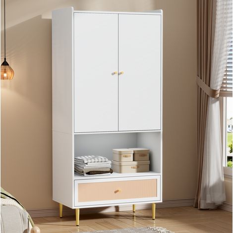 2-türiger Kleiderschrank mit großer Rattan-Schublade, Kleiderstange, 80 x 48 x 175 cm, Weiß HAVRYA (1/5)
