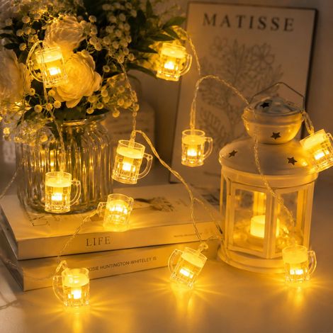 Guirlande lumineuse LED en forme de chope de bière - 1,5 m - 10 LED - Éclairage extérieur - Fonctionne avec piles - Pour bar, fête, mariage, jardin, fête de la bière, Noël (1/5)