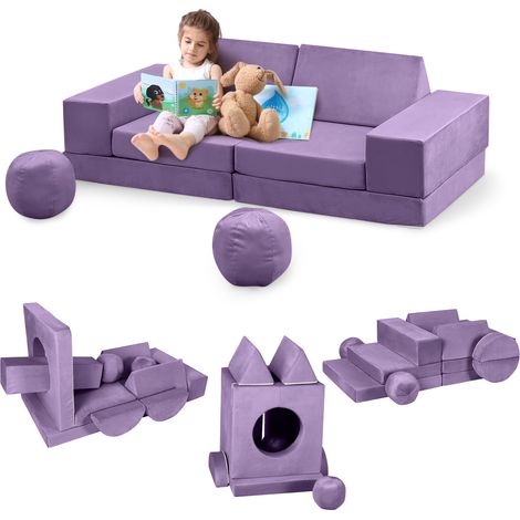 Canapé pour Enfants 12 PCS avec Balles et Tunnel, Canapé de Jeu Modulaire en Mousse Douce pour Jeux, Dodo et Créativité, Violet (1/5)