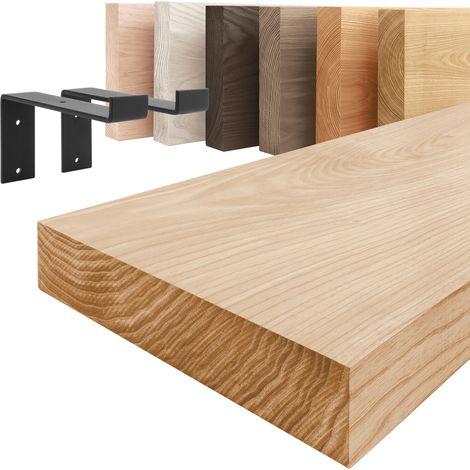 LAMO Manufaktur étagère murale en bois massif, bord régulier, étagère de rangement Original, bois naturel / équerre noire 140cm, LWG-01-A-002-140ZS