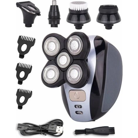 Homme Rasoir Électrique 5-en-1 IPX7 Imperméable, Tondeuse Cheveux et Barbe Rechargeable USB, Rasage Humide et Sec, Kit Soin Visage, Bleu et Noir (1/4)