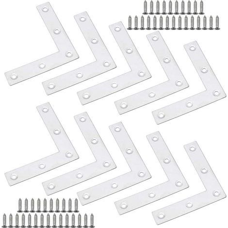 Plaques en Acier Inoxydable de Renfort d'Angle, 10 Pièces Equerre de Fixation Plats, Supports d'Angle Plats, Support d'Angle d'Angle, Pour la Réparation de Meubles, Tabourets, Tables, Portes (1/5)