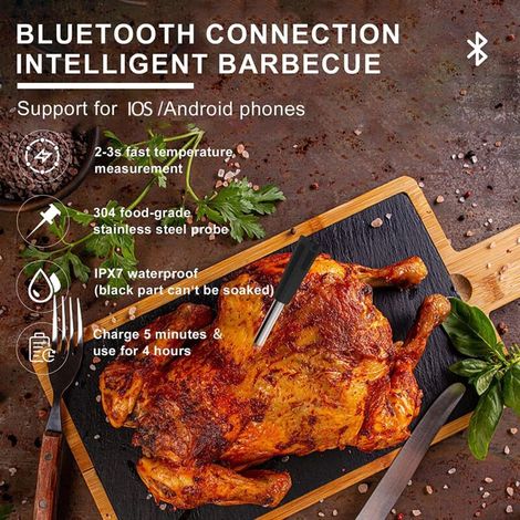 Stück Bluetooth-Küchenthermometer (50 m Reichweite) mit Timer und Alarmfunktion, geeignet für Heißluftfritteusen, Grills, Backöfen und Smoker.
