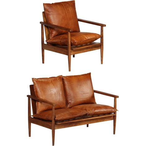 vidaXL Ensemble de canapés 2 pcs Marron Cuir véritable et acacia (1/5)