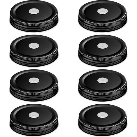 Lotto di 8 tappi metallici a standard aperto per Mason jars, con foro per cannuccia, resistente e riutilizzabile, 6,9 cm (nero) (1/5)