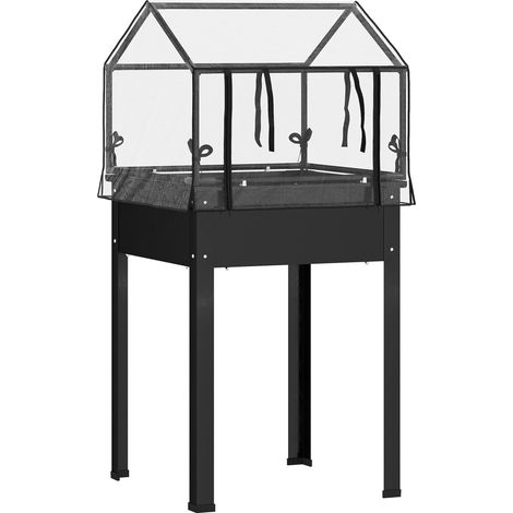 Bac à plantes surélevé avec couverture transparente, jardinière en métal noire 60 x 60 x 120 cm pour jardin et balcon (1/5)