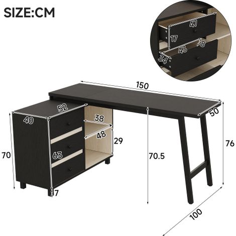 Bureau en forme de L – Dimensions 150 x 100 x 76 cm, trois tiroirs, deux étagères ouvertes, pieds tube acier, grand plateau, noir et blanc – Espace de travail optimisé (1/5)