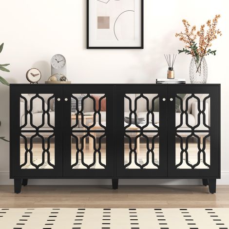 Buffet 160 cm, con 4 porte a specchio, 2 ripiani regolabili, stile moderno, armadio per soggiorno – Nero