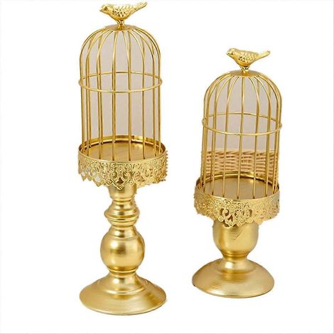 Lot de 2 bougeoirs rétro en forme de cage à oiseaux, en métal et fer doré (1/5)