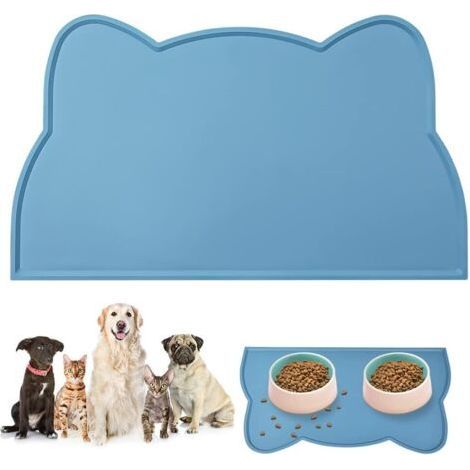 1 x Blue Dog and Cat Bowl Mat 45 x 26 cm, Cute Cat Head Shape Non-Slip Mat, Waterproof Silicone Feeding Mat (1/5)