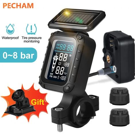 (TPMS pour moto) Système de surveillance de la pression des pneus pour véhicules à énergie solaire avec capteurs, affichage couleur et alarme de température. (1/5)