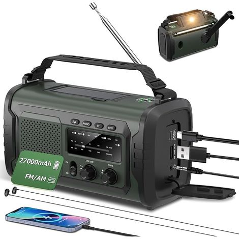 Radio 27000mAh, radios solaires FM/AM avec Bluetooth 5.1/SOS Alarme/Compass/Flashlight, radio Dynamo pour la préparation aux catastrophes naturelles extérieures (1/2)
