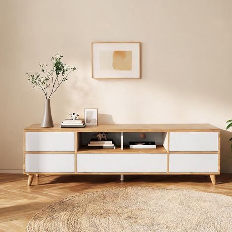 Meuble TV style campagne blanc et bois avec rangements en MDF (1/5)