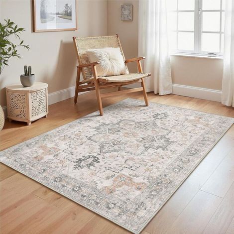 1 tapis de salon vintage gris-marron. 60 x 90 cm. envers antidérapant. lavable. poils ras. convient pour cuisines. salles à manger. bureaux et chambres (1/3)