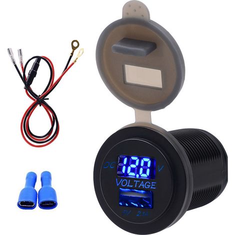 Chargeur Voiture USB 2.1A Bleu IP66 Étanche Voltmetre Affichage Tension Prise 12V-24V DC (1/5)