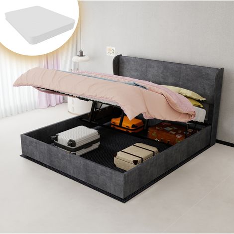 Bett modern gepolstert 160x200 cm Grau mit hohem Kopfteil und Stauraumbasis mit Liftfunktion (1/5)