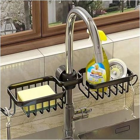 Support Pour Éponge De Robinet De Cuisine Organisateur Pour Évier Au-dessus Du Robinet Support De Vidange De Robinet Suspendu Pour L'organisation De L'évier (Noir-Double) (1/5)