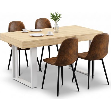 FurnitureR Ensemble repas 5 pièces, table extensible et 4 chaises, Table extensible de 120 à 160 cm, finition bois clair et pieds blancs, avec 4 chaises brunes effet daim (1/5)