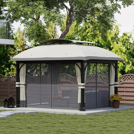 Tonnelle de Jardin 4x3,3m en Métal Galvanisé avec Double Toit, Moustiquaire et Rideaux, Pavillon Imperméable et Résistant à l'Hiver pour Terrasse, Gris Clair (1/5)