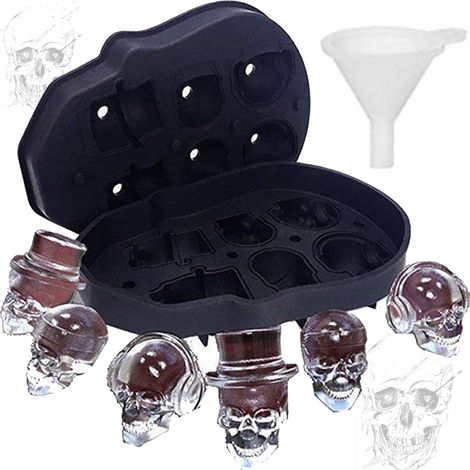 A 3D Skull Silicone Ice Cube Mold with Mini Funnel, Perfect for Whiskey, Cocktail and All Drinks (6 Times) (1/5)