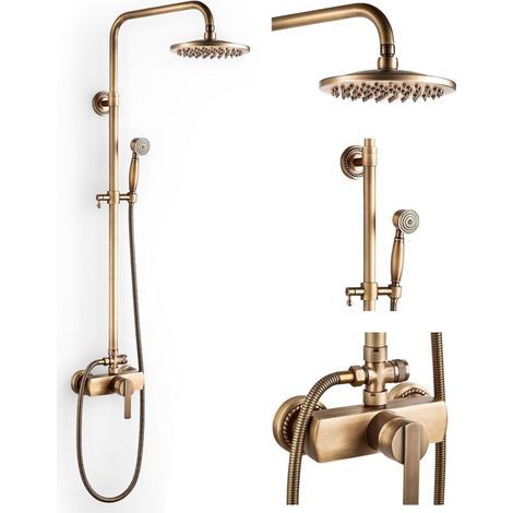 Colonne de Douche Laiton Rétro Système de Douche, Antique Ensemble de Douche Mural Kit de Douche avec 20cm Pommeau de Douche, Douchette, Mitigeur de Douche, Réglable Hauteur 700-1200mm