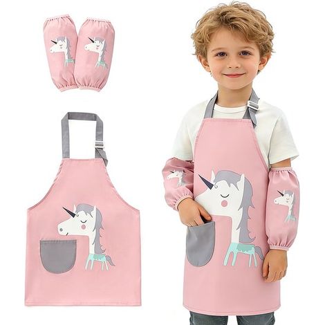 Set composto da grembiule e maniche regolabili e impermeabili per bambini. Grembiule da cucina con tasche per bambini e bambine, ideale per cucinare, preparare dolci, dipingere e fare giardinaggio. (1/5)